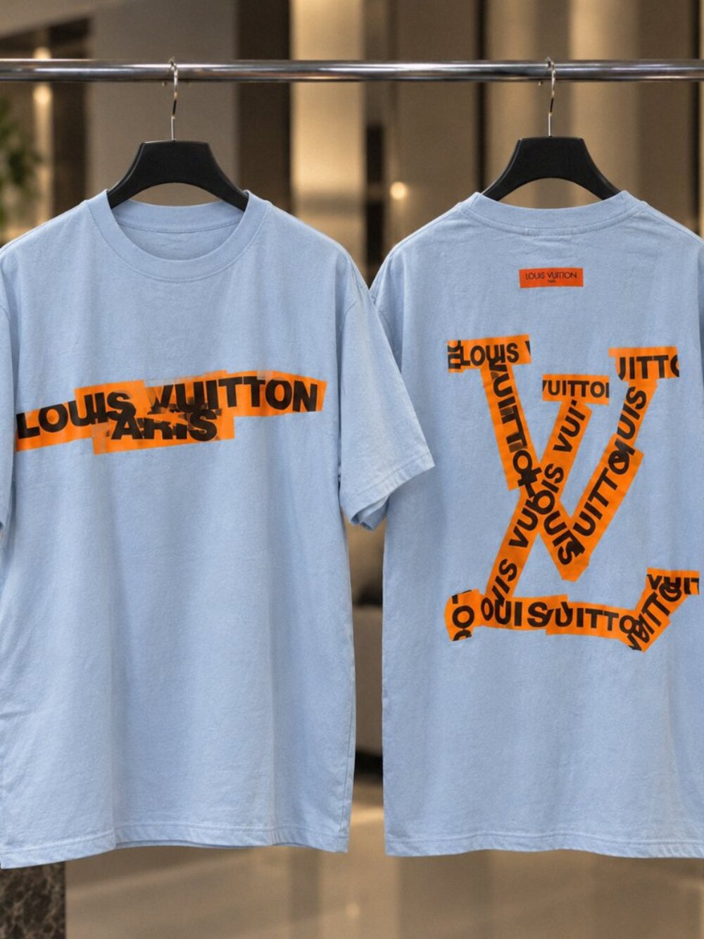 Louis Vuitton Light Blue Graphic Tee Orange Tape Logo Shirt